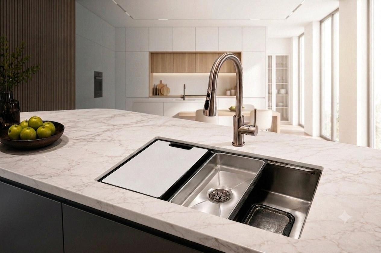 Modern kitchen island with stainless steel sink and faucet