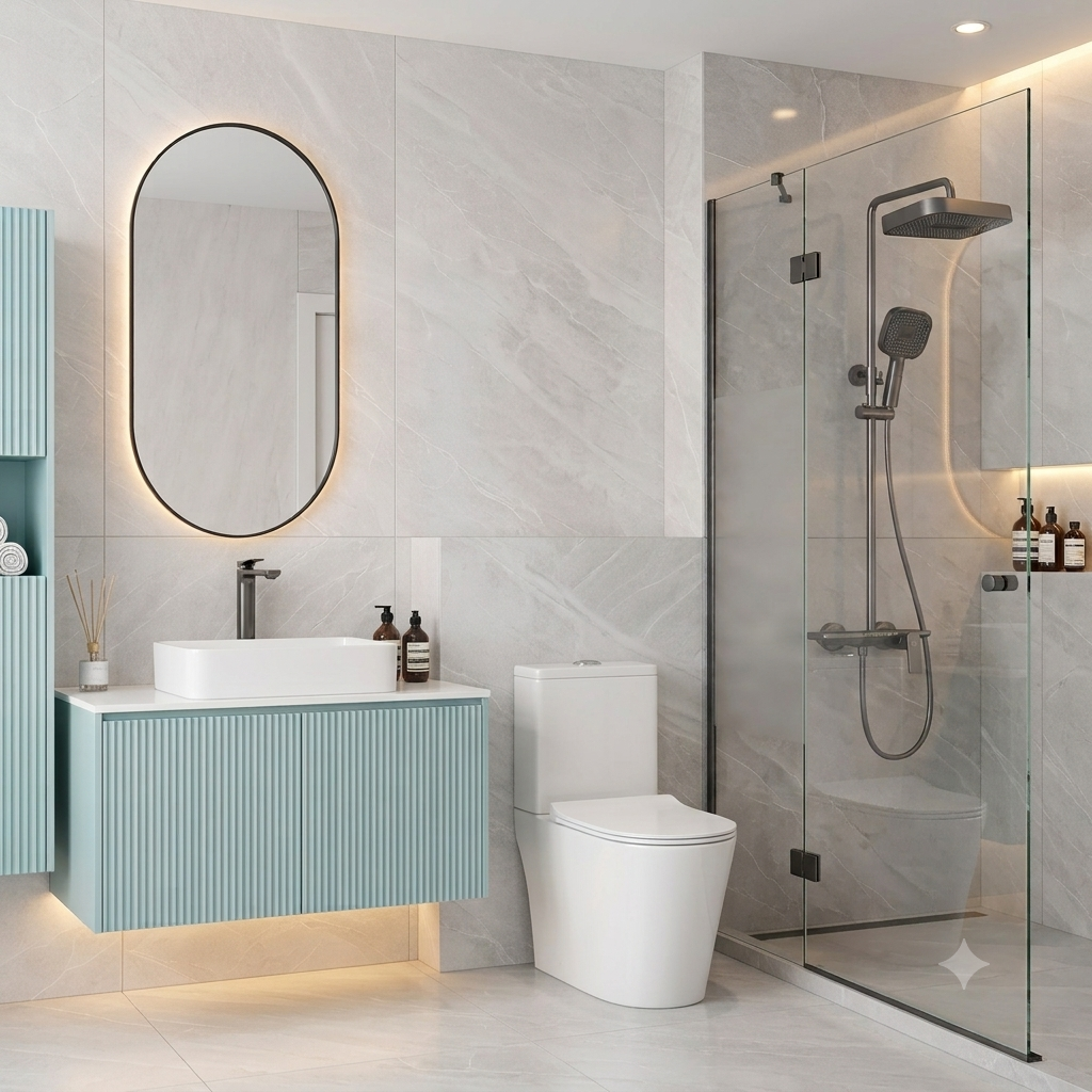 Modern bathroom with vanity, mirror and shower set