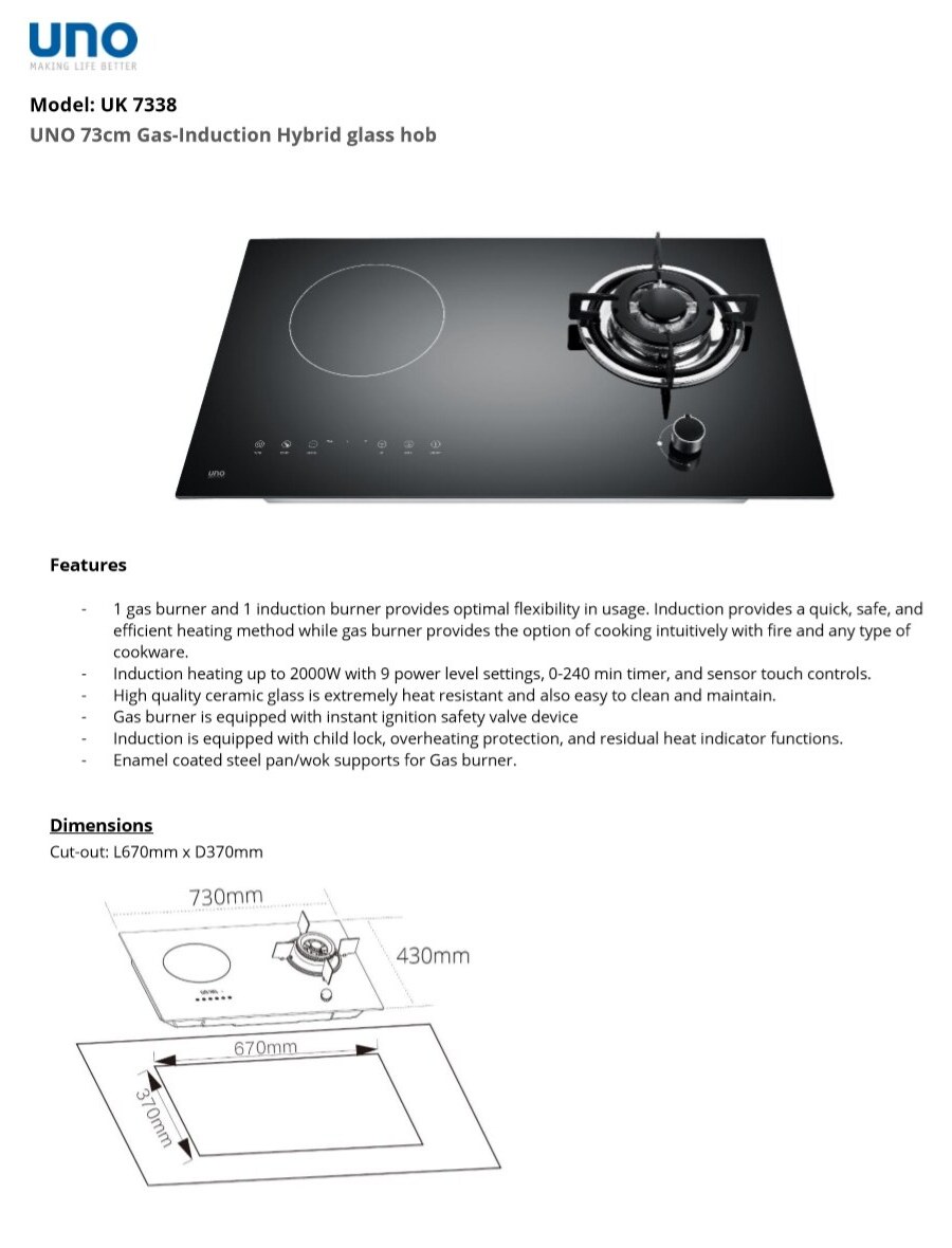 UNO 2 in 1 Gas & Induction Hybrid Glass Hob - UK 7338 view 2