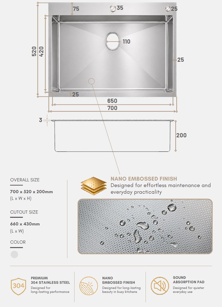 BATHAR 700mm Stainless Steel Kitchen Sink KS-7052SS view 6