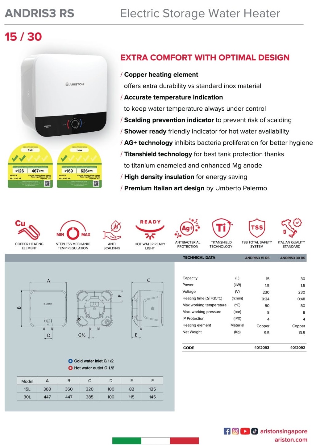 ARISTON ANDRIS3 30 RS Storage Water Heater