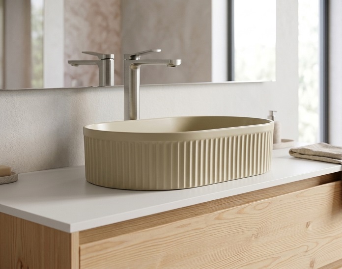 Countertop wash basin sitting above the vanity