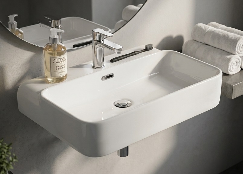 Wall-hung wash basin floating above the floor