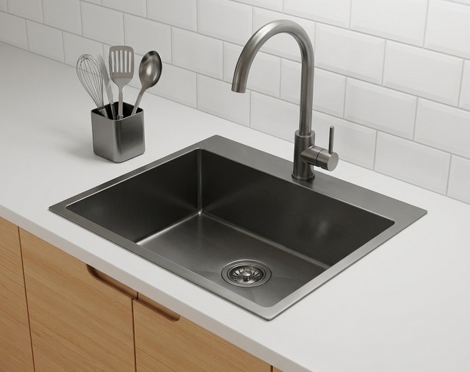 Top-mount drop-in stainless steel kitchen sink with visible rim on the counter