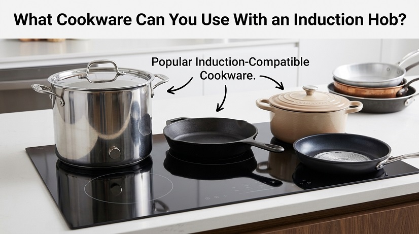 Induction-compatible cookware including cast iron and magnetic stainless steel on an induction hob