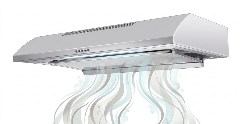 A cooker hood drawing cooking fumes up from the hob, illustrating suction