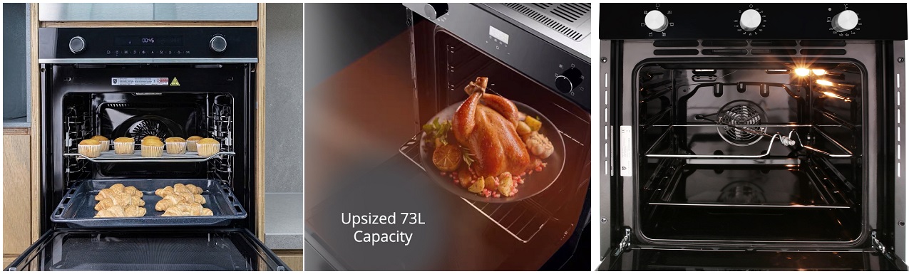 Built-in ovens showing baking, large capacity and convection cooking