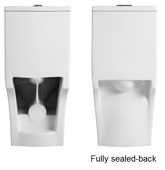 Comparison of an open-back toilet bowl and a fully sealed-back toilet bowl