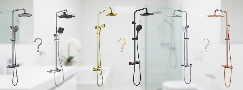 A range of rain shower sets in different shapes and colours