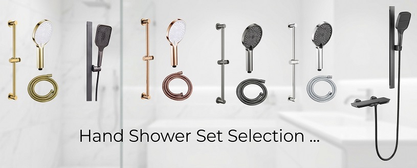 A range of hand shower sets in different colours and finishes