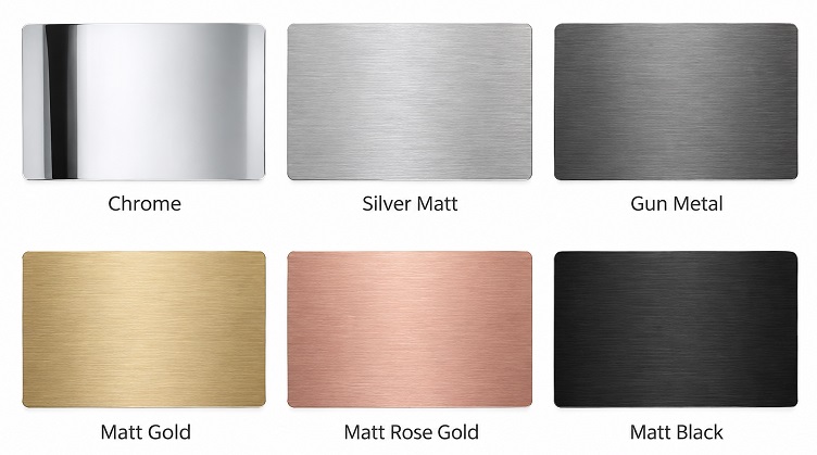 Six bathroom accessory finishes: chrome, silver matt, gun metal, matt gold, matt rose gold and matt black