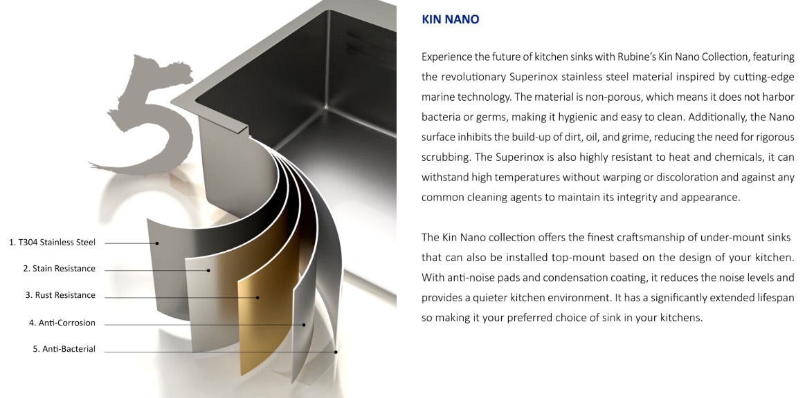 RUBINE Stainless Steel Nano Kitchen Sink - KNX 810-58U-SS view 7