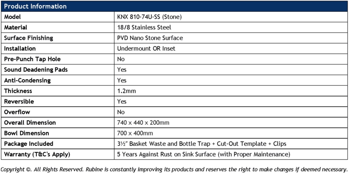 RUBINE Stainless Steel Nano Kitchen Sink - KNX 810-74U-SS  view 5