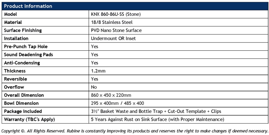 RUBINE Stainless Steel Nano Kitchen Sink - KNX 860-86U-SS view 6