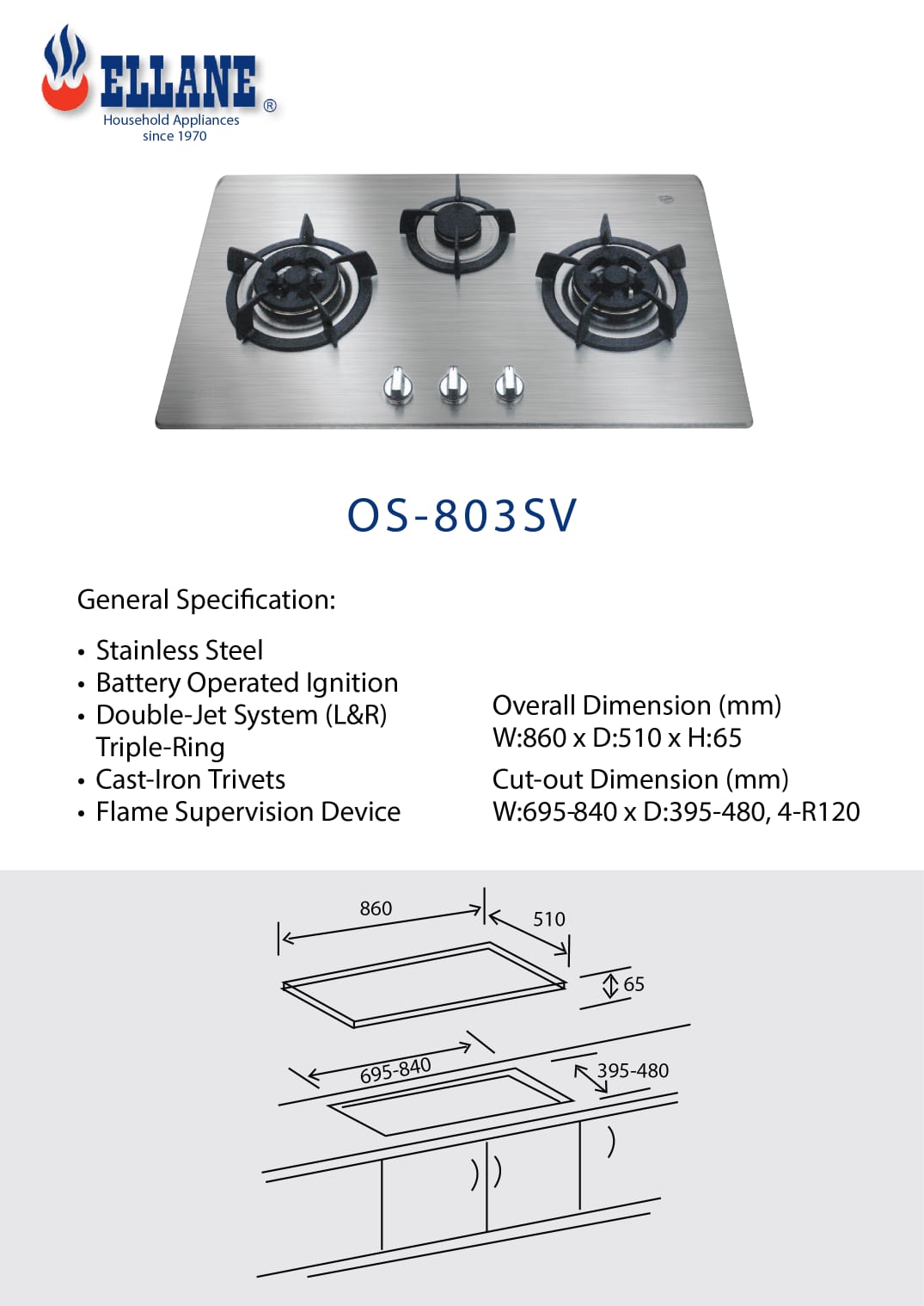 ELLANE Stainless Steel 3 Burners Cooker Hob ES-838SV