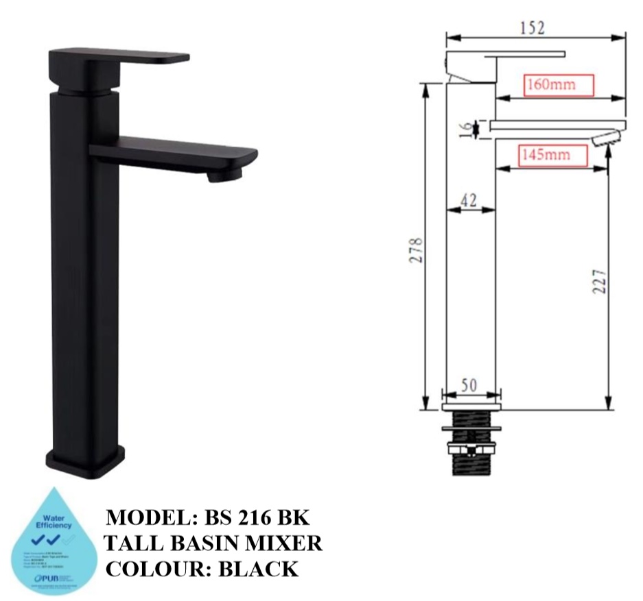 BOSHSINI Tall Basin Mixer Water Tap BS-216BK - Black