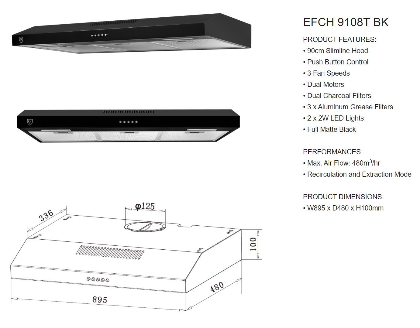 EF Cooker Hood EFCH 9108T BK - Black Color