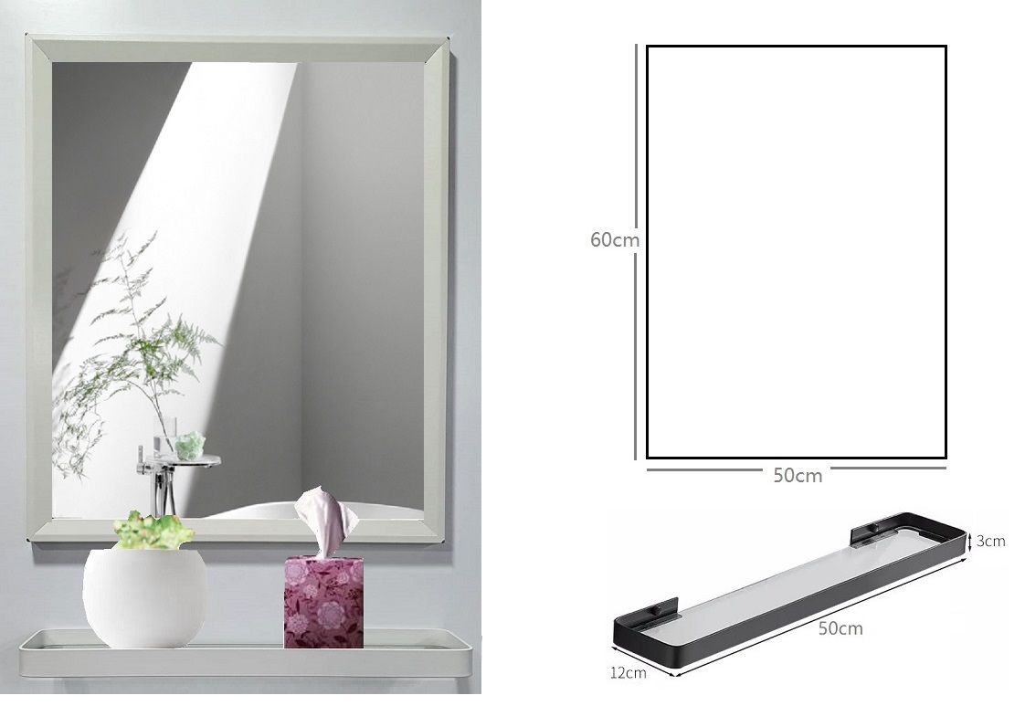 BATHAR Stainless Steel Frame Wall Mirror With Glass Shelf Package Offer BWM-5060 White Color