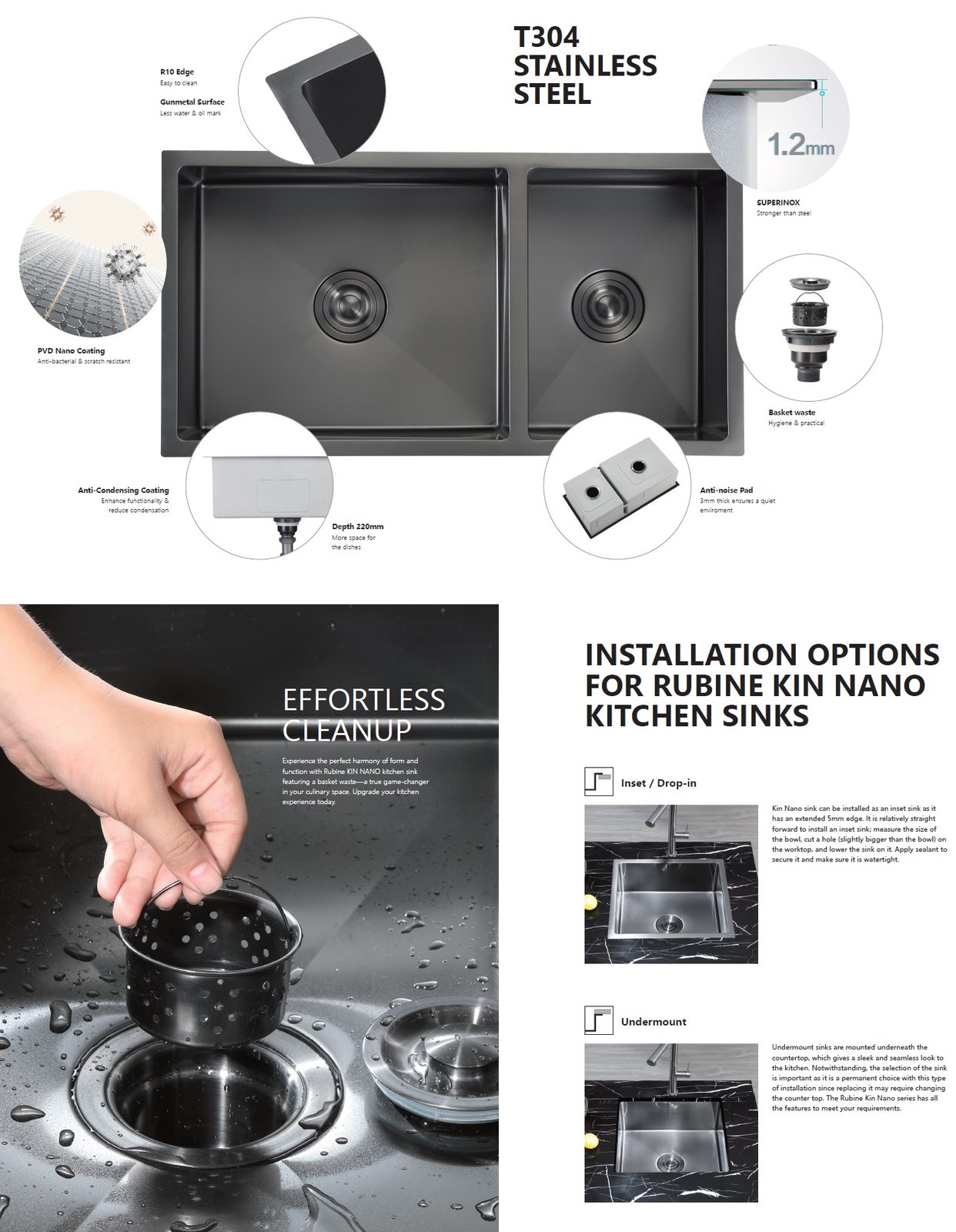 RUBINE Stainless Steel Nano Kitchen Sink - KNX 810-58U-GM view 2