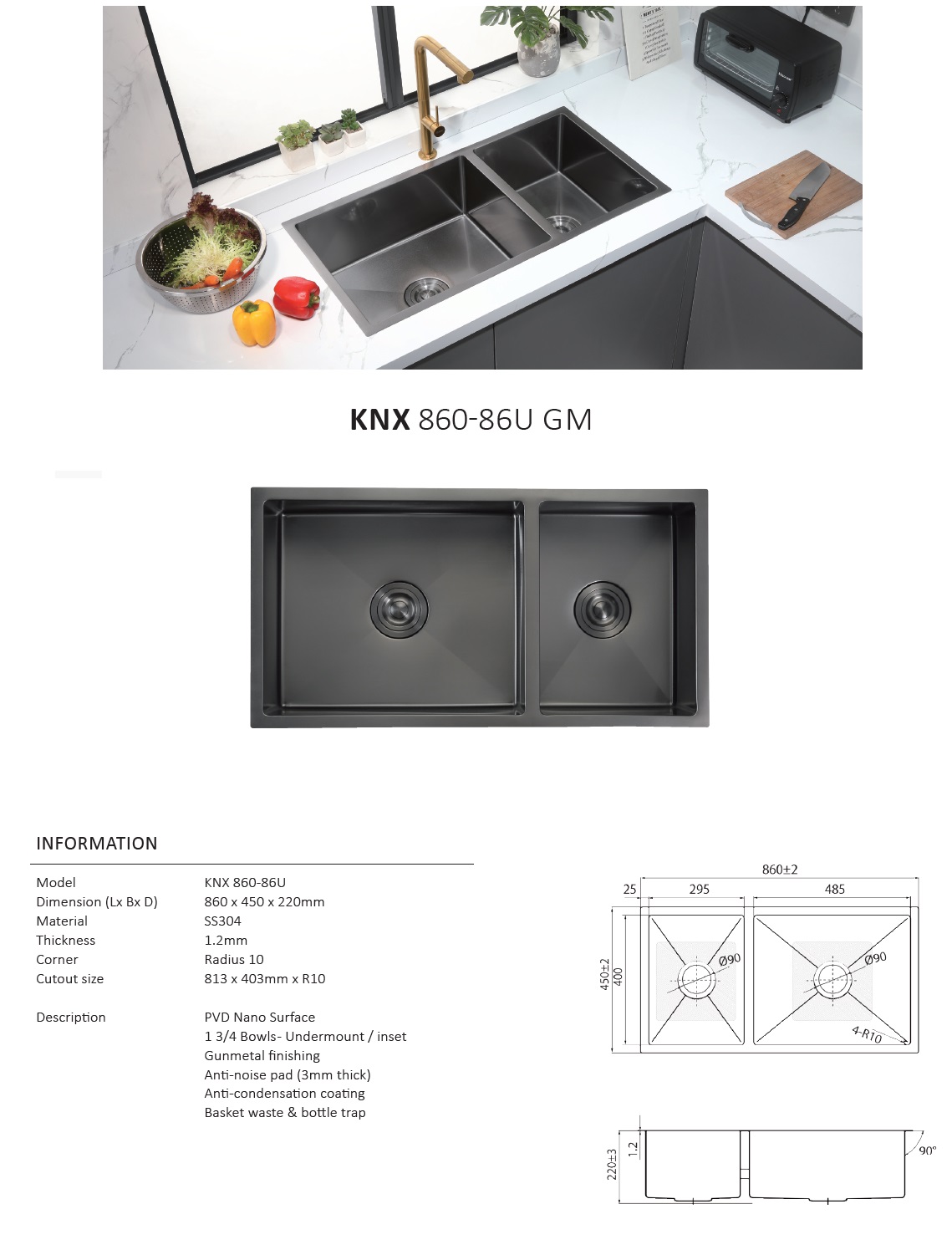 RUBINE Stainless Steel Nano Kitchen Sink - KNX 810-86U-GM
