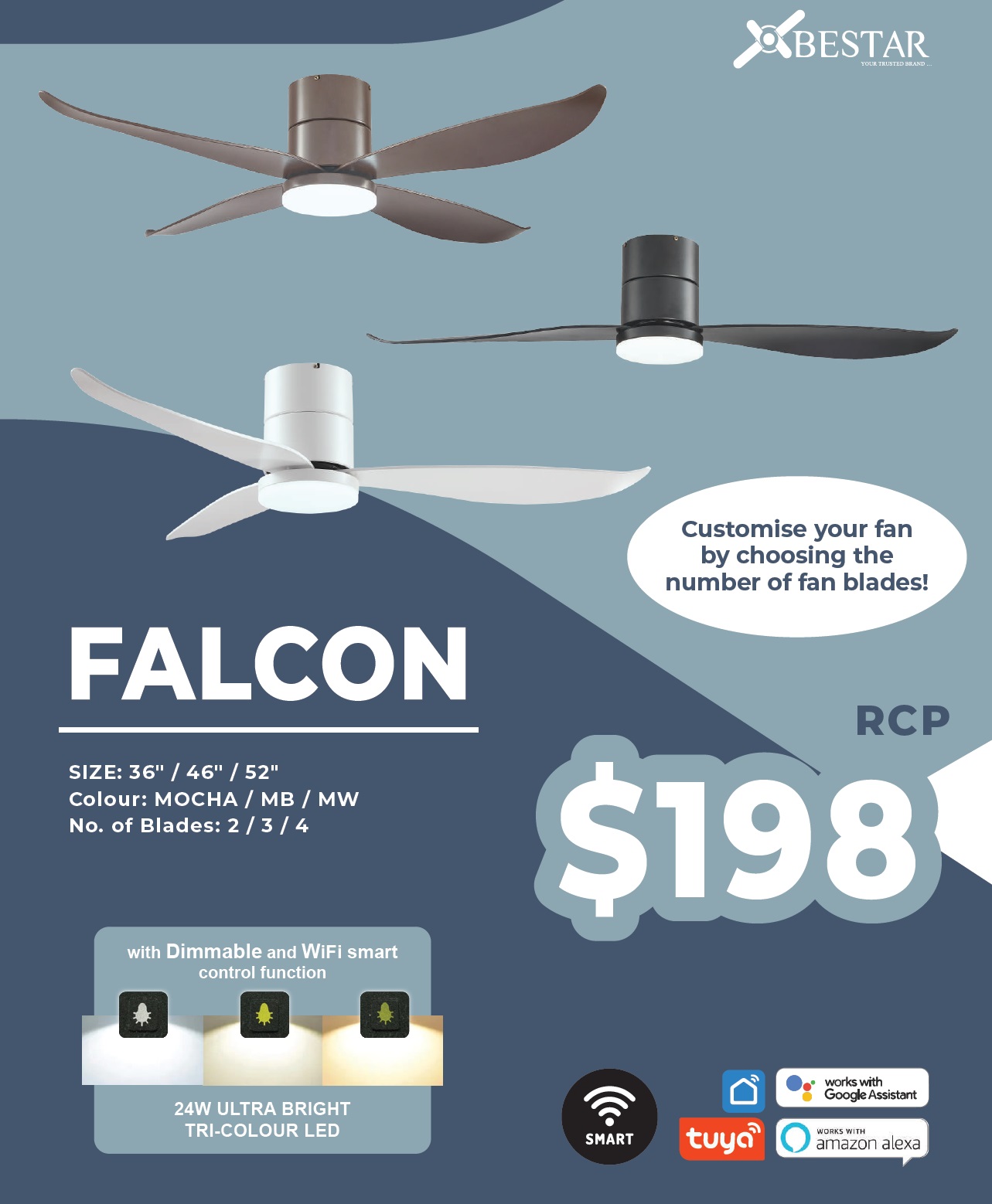 BESTAR FALCON 36 Inch, 46 Inch & 52 Inch Ceiling Fan With Smart Functions