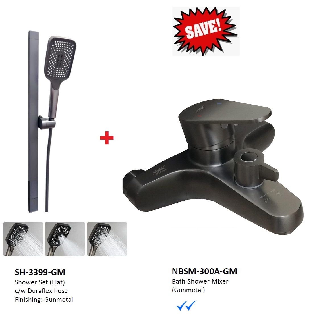 NOBEL Bathroom Shower Set Bundle With Bath Mixer - Gun Metal Colour