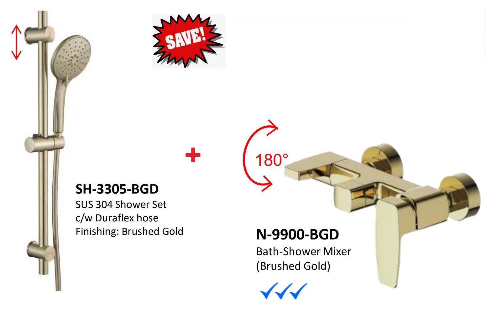 NOBEL Bathroom Shower Set With Bath Mixer Offer - Brush Gold Bundle 2