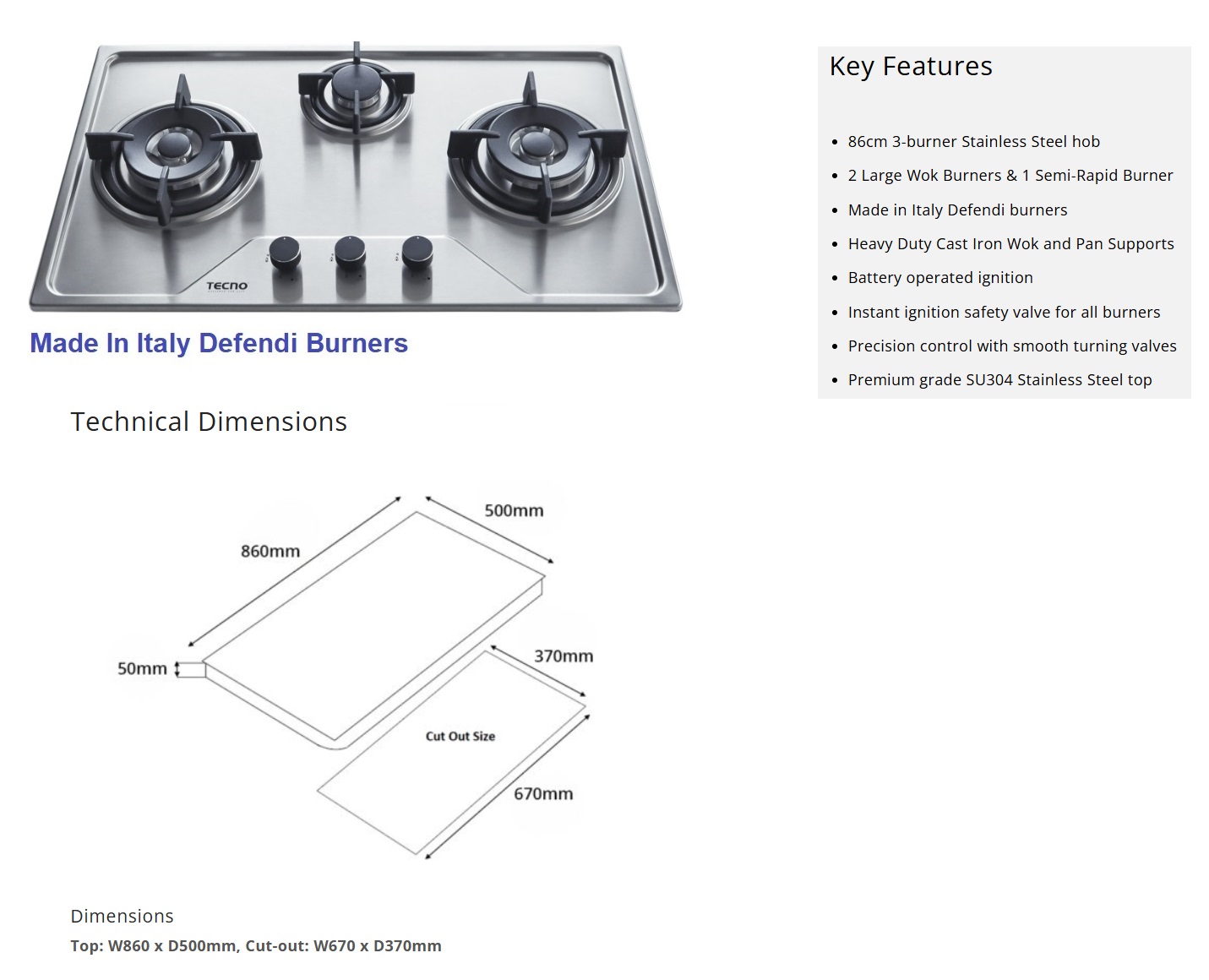 TECNO 3-Burner Stainless Steel Cooker Hob TS 8633TRSV
