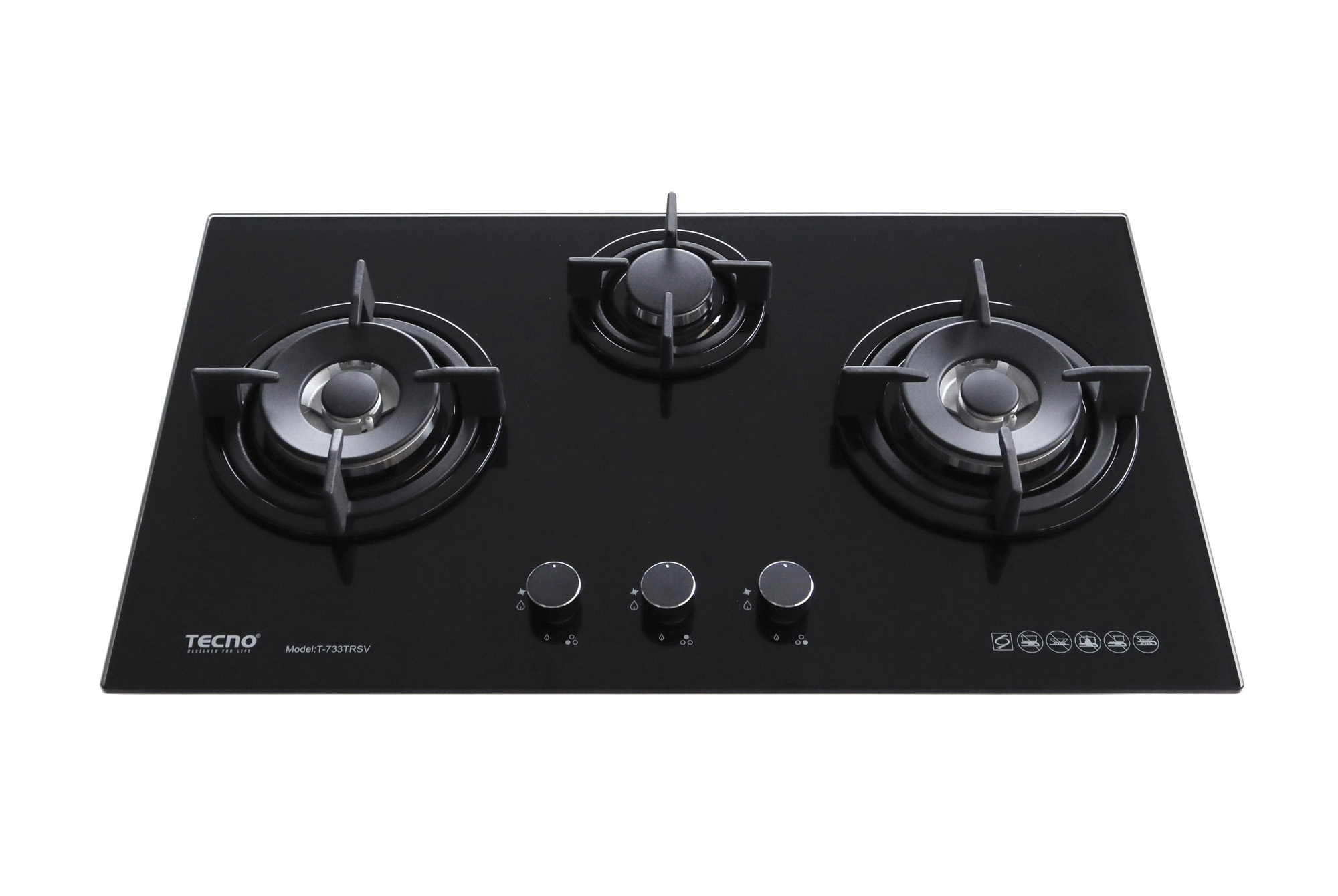 Tecno 3 Burner 76cm Tempered Glass Cooker Hob T733TRSV