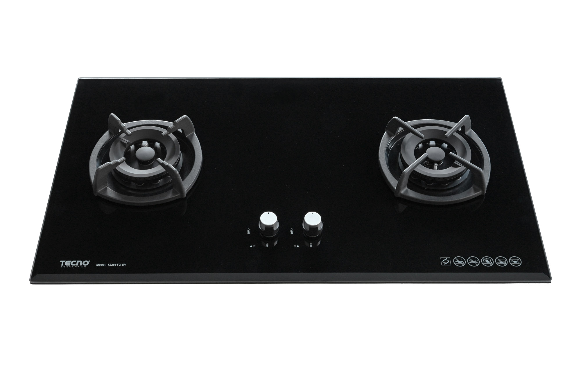 Tecno 2 Burner 88cm Glass Cooker Hob T2288TGSV Inferno Wok