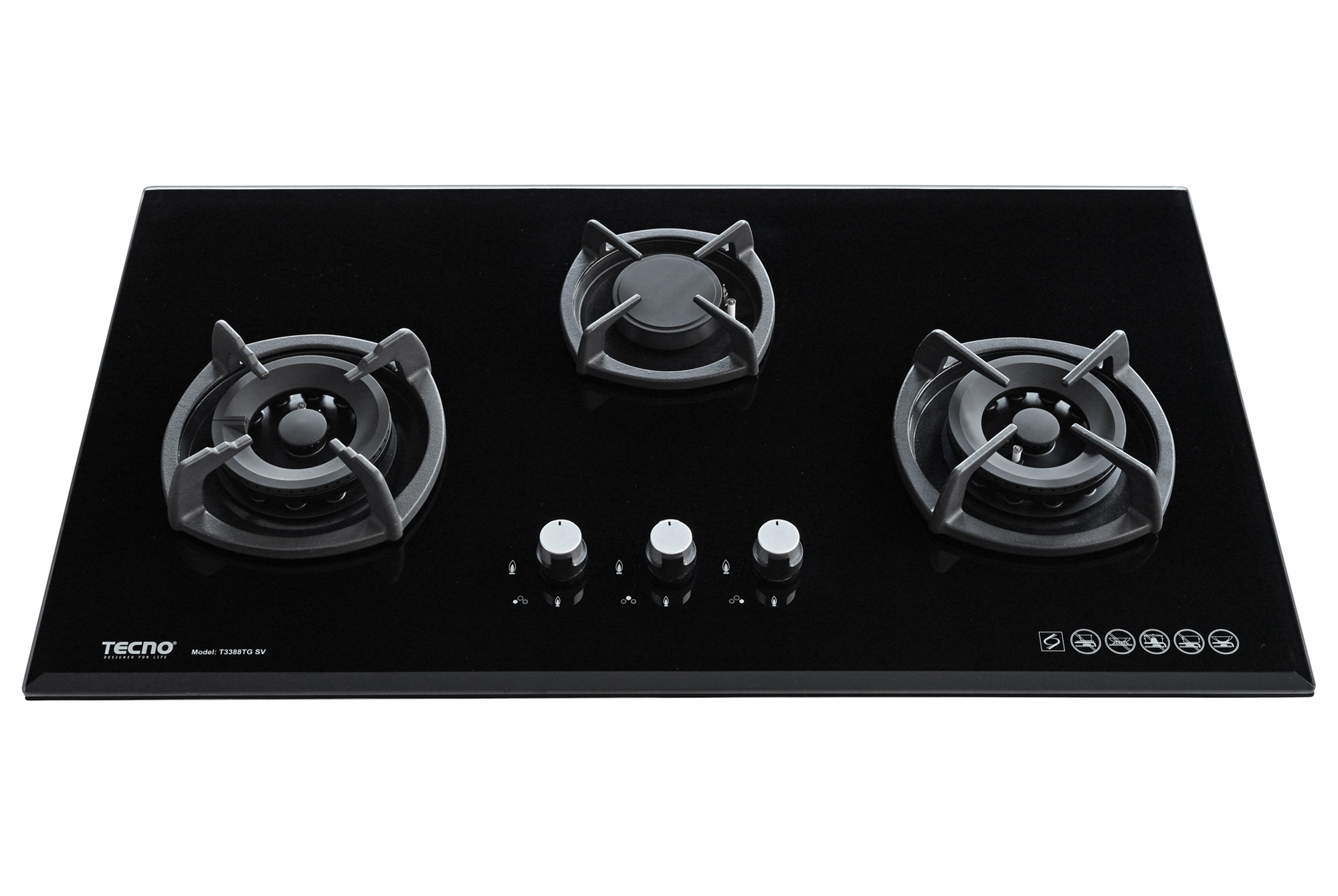 Tecno 3 Burner 88cm Glass Cooker Hob T3388TGSV Inferno Wok